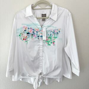 Chico's Womens Crescent City Button Tie Front Shirt Blouse Size XL Cotton Blend